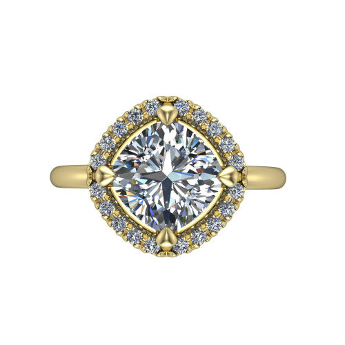 Callie cushion halo engagement ring in 18K Yellow Gold, top-down view showing the cushion center diamond and kite-set halo from above