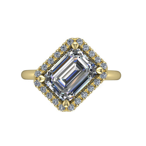 Callie emerald-cut halo engagement ring in 18K Yellow Gold, top-down view showing the emerald-cut center diamond and kite-set halo from above