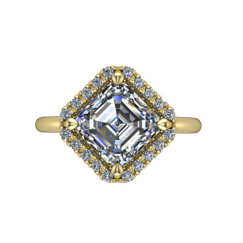 Callie square emerald-cut halo engagement ring in 18K Yellow Gold, top-down view showing the square emerald-cut center diamond and kite-set halo from above