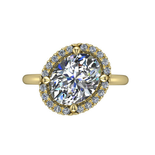 Callie oval halo engagement ring in 18K Yellow Gold, top-down view showing the oval center diamond and kite-set halo from above
