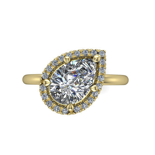 Callie pear halo engagement ring in 14K Yellow Gold, top-down view showing the pear center diamond and kite-set halo from above