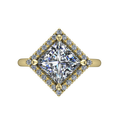 Callie princess-cut halo engagement ring in 18K Yellow Gold, top-down view showing the princess-cut center diamond and kite-set halo from above