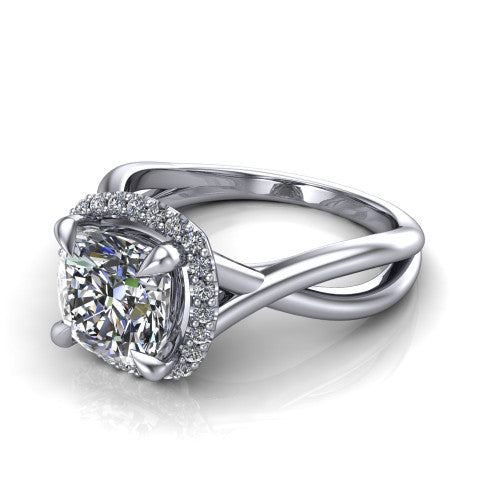 Molly cushion halo engagement ring in 18K White Gold, three-quarter perspective showing the cushion center diamond in a pave halo above a twisted infinity band