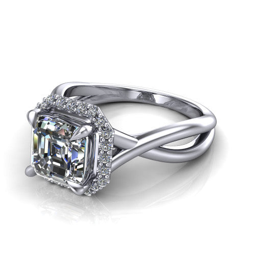 Molly square emerald-cut halo engagement ring in 14K White Gold, three-quarter perspective showing the square emerald-cut center diamond in a pave halo above a twisted infinity band