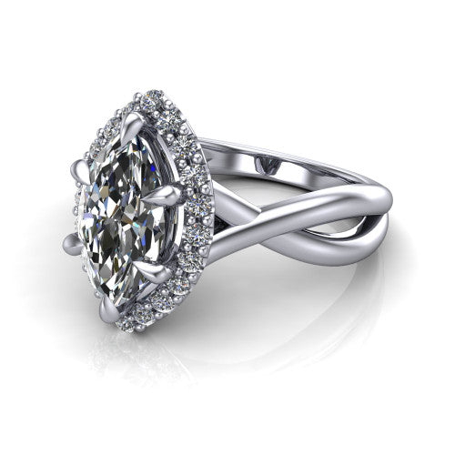 Molly marquise halo engagement ring in 18K White Gold, three-quarter perspective showing the marquise center diamond in a pave halo above a twisted infinity band