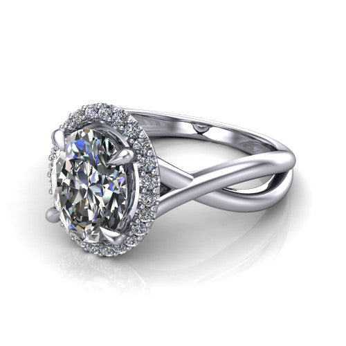 Molly oval halo engagement ring in 14K White Gold, three-quarter perspective showing the oval center diamond in a pave halo above a twisted infinity band