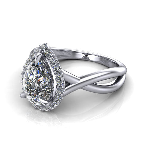Molly pear halo engagement ring in Platinum, three-quarter perspective showing the pear center diamond in a pave halo above a twisted infinity band
