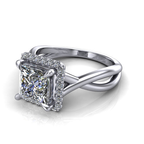 Molly princess-cut halo engagement ring in 14K White Gold, three-quarter perspective showing the princess-cut center diamond in a pave halo above a twisted infinity band