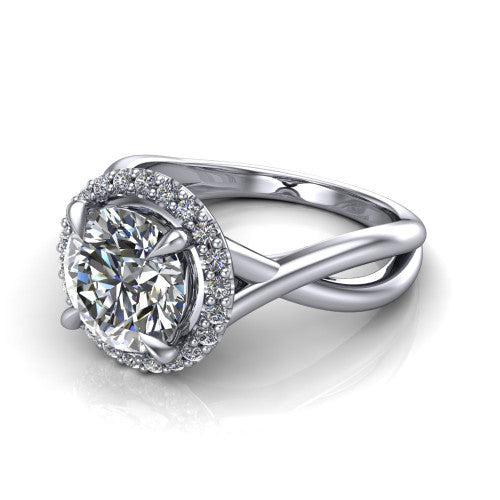 Molly round halo engagement ring in 14K White Gold, three-quarter perspective showing the round center diamond in a pave halo above a twisted infinity band