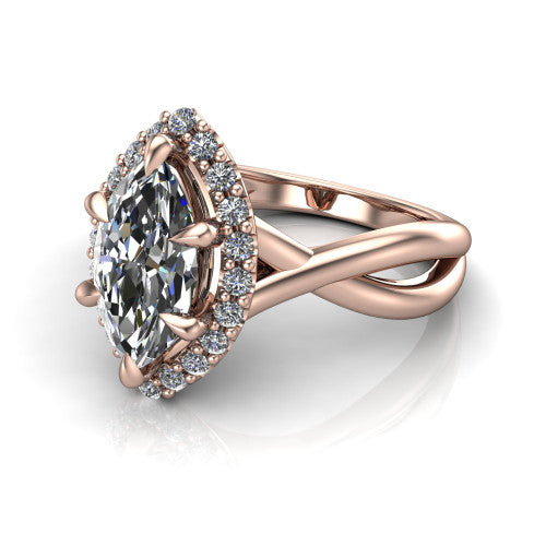 Molly marquise halo engagement ring in 14K Rose Gold, three-quarter perspective showing the marquise center diamond in a pave halo above a twisted infinity band