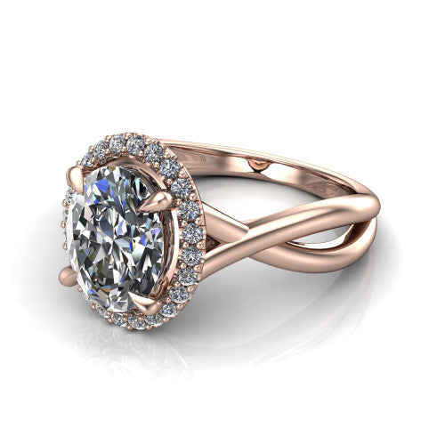 Molly oval halo engagement ring in 14K Rose Gold, three-quarter perspective showing the oval center diamond in a pave halo above a twisted infinity band