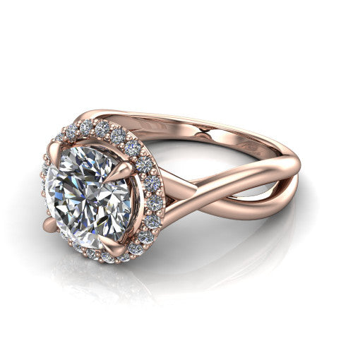 Molly round halo engagement ring in 14K Rose Gold, three-quarter perspective showing the round center diamond in a pave halo above a twisted infinity band