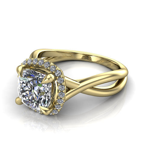Molly cushion halo engagement ring in 14K Yellow Gold, three-quarter perspective showing the cushion center diamond in a pave halo above a twisted infinity band