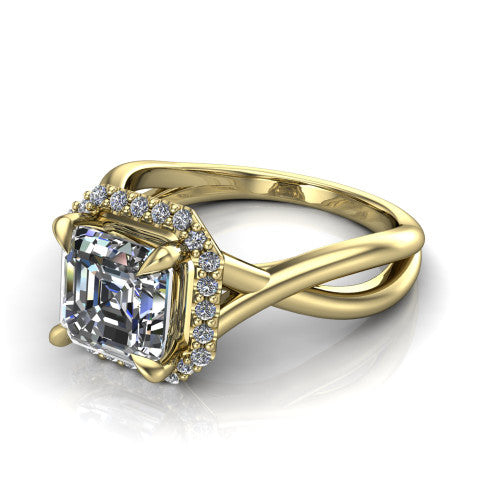 Molly square emerald-cut halo engagement ring in 14K Yellow Gold, three-quarter perspective showing the square emerald-cut center diamond in a pave halo above a twisted infinity band
