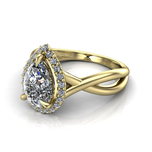 Molly pear halo engagement ring in 18K Yellow Gold, three-quarter perspective showing the pear center diamond in a pave halo above a twisted infinity band
