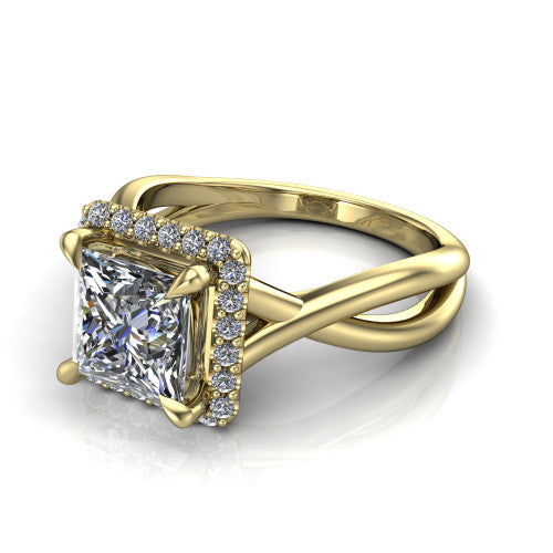 Molly princess-cut halo engagement ring in 14K Yellow Gold, three-quarter perspective showing the princess-cut center diamond in a pave halo above a twisted infinity band