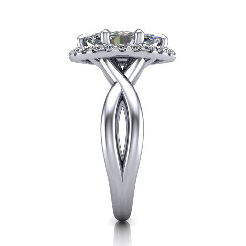 Molly marquise halo engagement ring in Platinum, side profile showing the halo and love-knot shank in side view