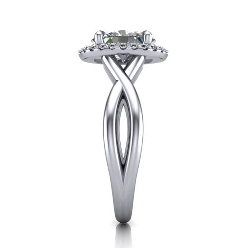 Molly oval halo engagement ring in 18K White Gold, side profile showing the halo and love-knot shank in side view