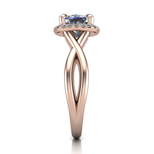 Molly cushion halo engagement ring in 18K Rose Gold, side profile showing the halo and love-knot shank in side view