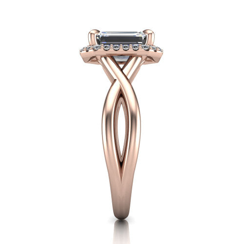 Molly emerald-cut halo engagement ring in 18K Rose Gold, side profile showing the halo and love-knot shank in side view