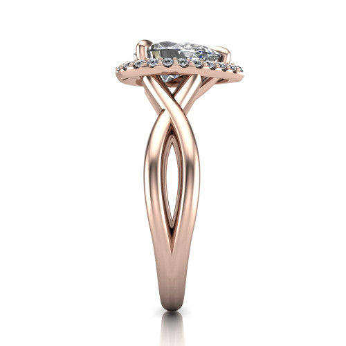 Molly pear halo engagement ring in 18K Rose Gold, side profile showing the halo and love-knot shank in side view