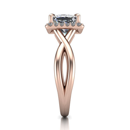 Molly princess-cut halo engagement ring in 18K Rose Gold, side profile showing the halo and love-knot shank in side view