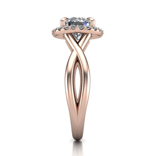 Molly round halo engagement ring in 18K Rose Gold, side profile showing the halo and love-knot shank in side view