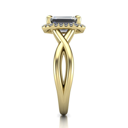 Molly emerald-cut halo engagement ring in 14K Yellow Gold, side profile showing the halo and love-knot shank in side view