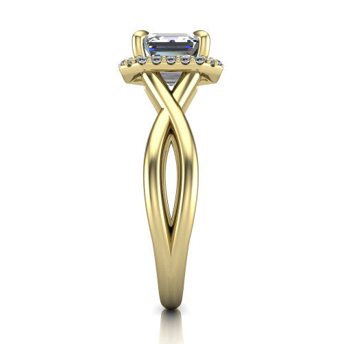 Molly square emerald-cut halo engagement ring in 14K Yellow Gold, side profile showing the halo and love-knot shank in side view