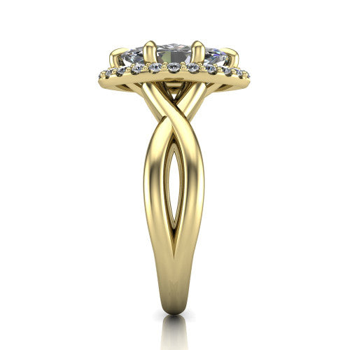 Molly marquise halo engagement ring in 14K Yellow Gold, side profile showing the halo and love-knot shank in side view