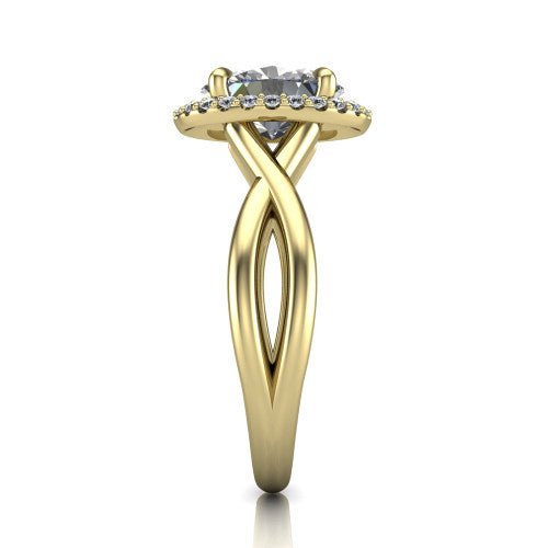 Molly oval halo engagement ring in 14K Yellow Gold, side profile showing the halo and love-knot shank in side view