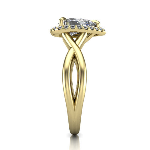 Molly pear halo engagement ring in 14K Yellow Gold, side profile showing the halo and love-knot shank in side view
