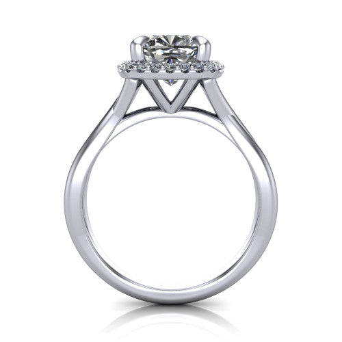Molly cushion halo engagement ring in 18K White Gold, through-finger front profile showing the pave halo and twisted band from the front