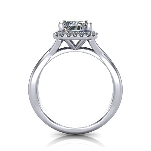 Molly emerald-cut halo engagement ring in Platinum, through-finger front profile showing the pave halo and twisted band from the front