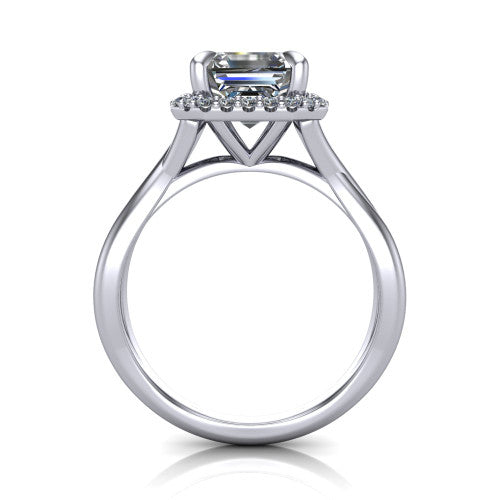 Molly square emerald-cut halo engagement ring in 14K White Gold, through-finger front profile showing the pave halo and twisted band from the front