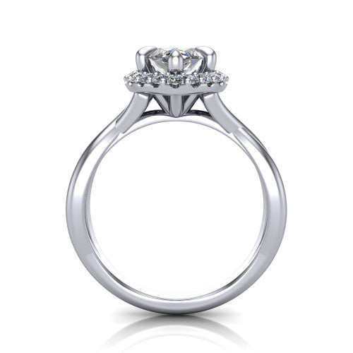 Molly marquise halo engagement ring in 18K White Gold, through-finger front profile showing the pave halo and twisted band from the front