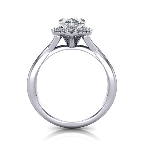 Molly pear halo engagement ring in 18K White Gold, through-finger front profile showing the pave halo and twisted band from the front