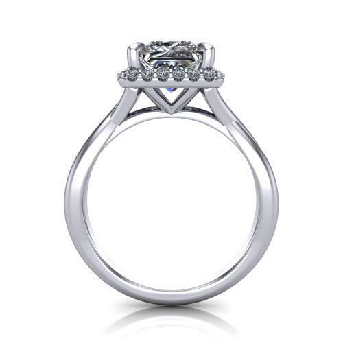 Molly princess-cut halo engagement ring in Platinum, through-finger front profile showing the pave halo and twisted band from the front