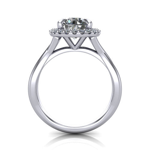 Molly round halo engagement ring in Platinum, through-finger front profile showing the pave halo and twisted band from the front