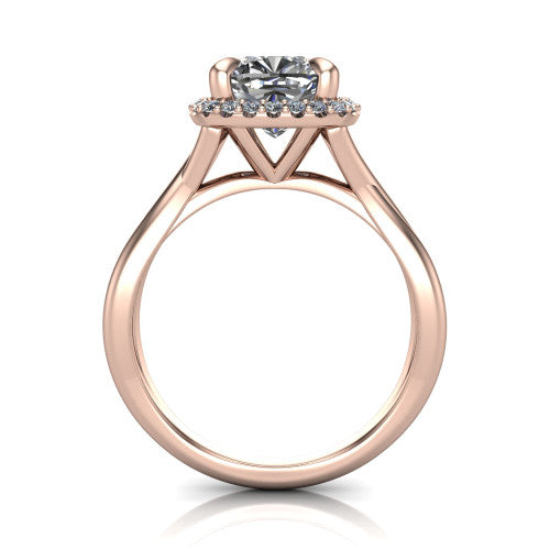 Molly cushion halo engagement ring in 18K Rose Gold, through-finger front profile showing the pave halo and twisted band from the front