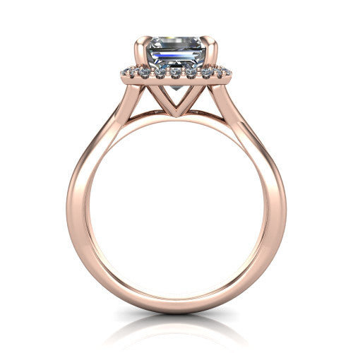 Molly square emerald-cut halo engagement ring in 18K Rose Gold, through-finger front profile showing the pave halo and twisted band from the front