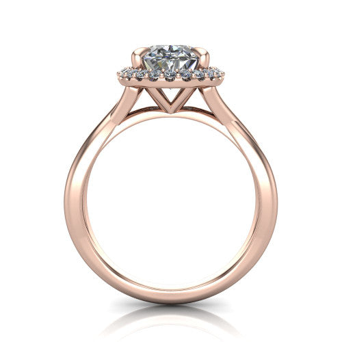 Molly oval halo engagement ring in 18K Rose Gold, through-finger front profile showing the pave halo and twisted band from the front