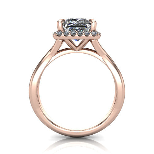 Molly princess-cut halo engagement ring in 18K Rose Gold, through-finger front profile showing the pave halo and twisted band from the front
