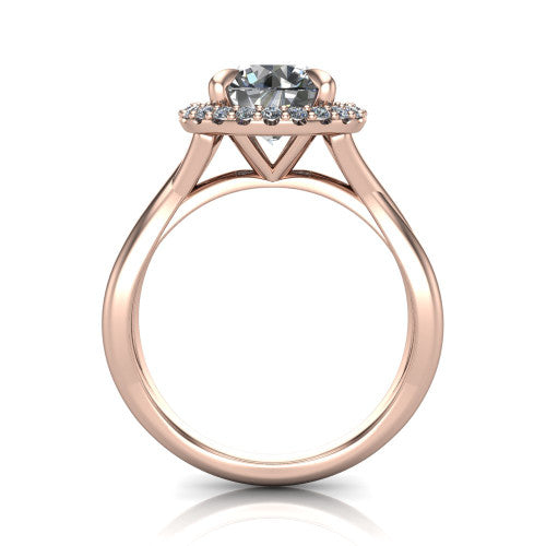 Molly round halo engagement ring in 18K Rose Gold, through-finger front profile showing the pave halo and twisted band from the front
