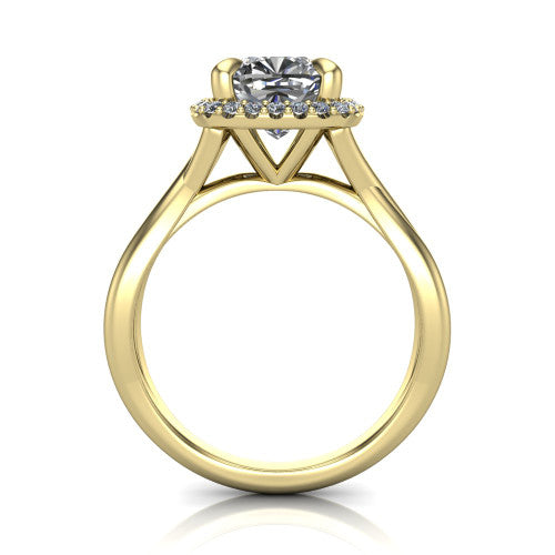 Molly cushion halo engagement ring in 18K Yellow Gold, through-finger front profile showing the pave halo and twisted band from the front
