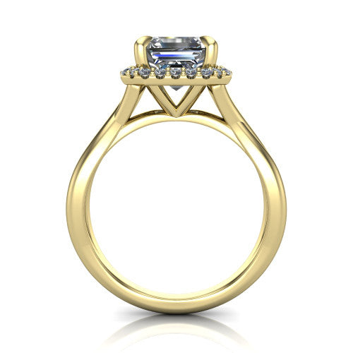 Molly square emerald-cut halo engagement ring in 18K Yellow Gold, through-finger front profile showing the pave halo and twisted band from the front