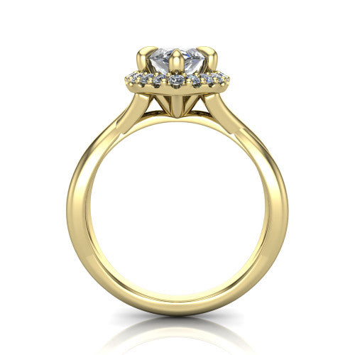 Molly marquise halo engagement ring in 18K Yellow Gold, through-finger front profile showing the pave halo and twisted band from the front