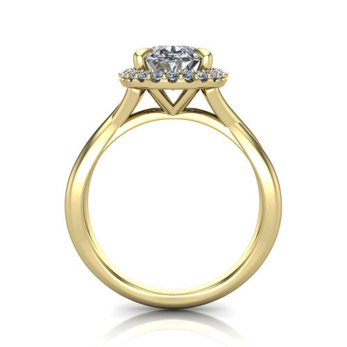 Molly oval halo engagement ring in 18K Yellow Gold, through-finger front profile showing the pave halo and twisted band from the front