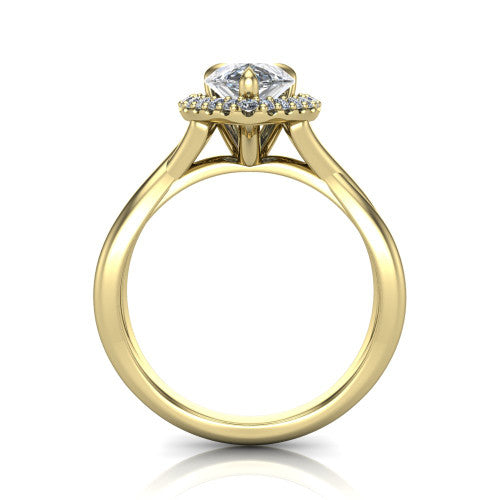 Molly pear halo engagement ring in 14K Yellow Gold, through-finger front profile showing the pave halo and twisted band from the front