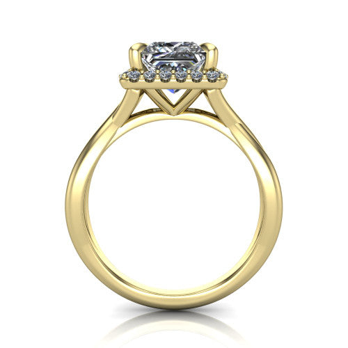 Molly princess-cut halo engagement ring in 14K Yellow Gold, through-finger front profile showing the pave halo and twisted band from the front